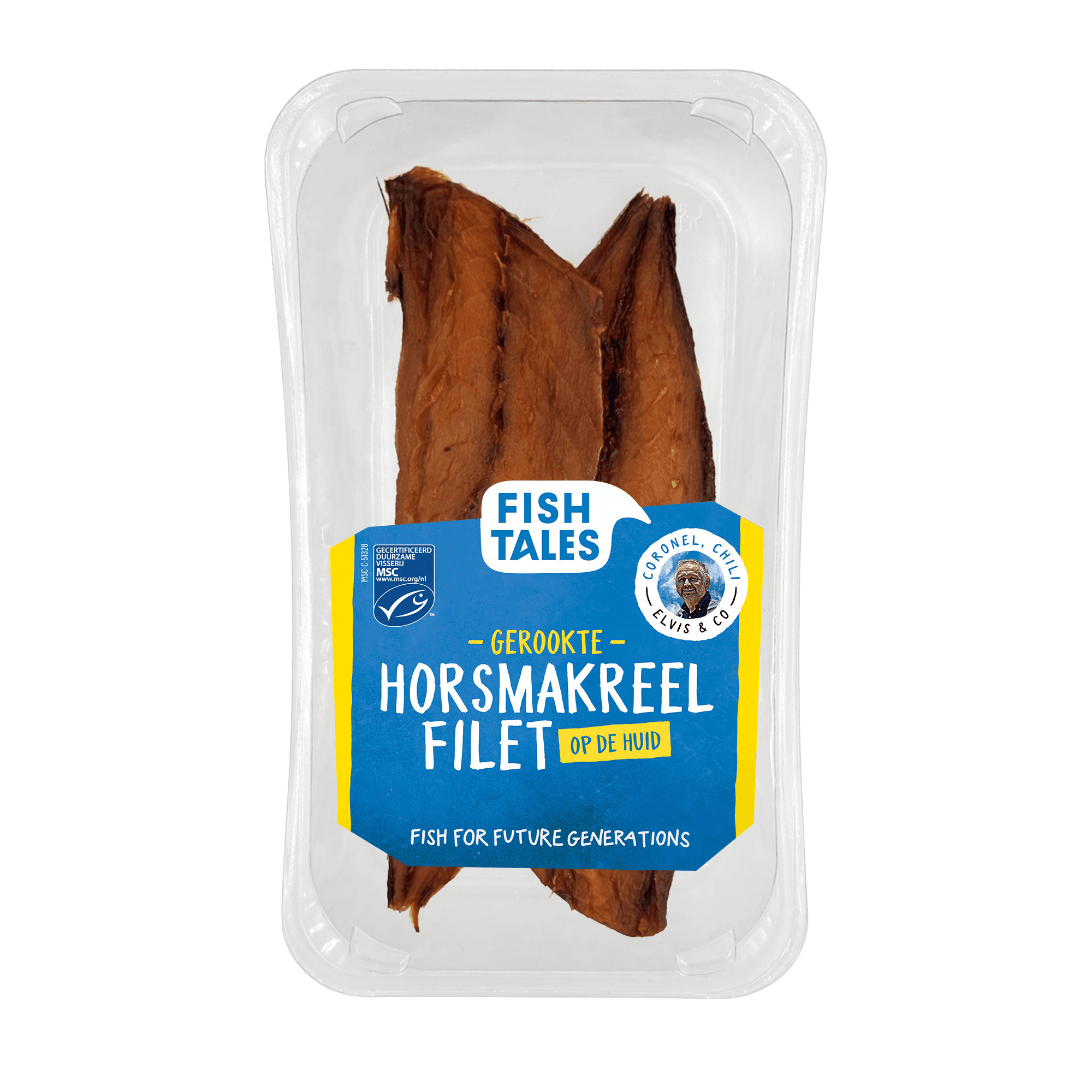 Smoked horsemackerel fillets in clear vacuum-sealed packaging with a blue and yellow Fish Tales label.