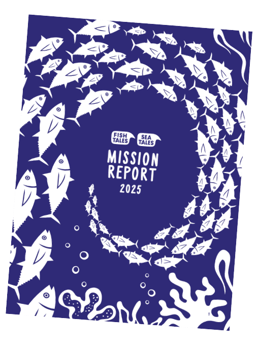 Dark blue report cover with white fish spiraling around 'MISSION REPORT 2023' text.
