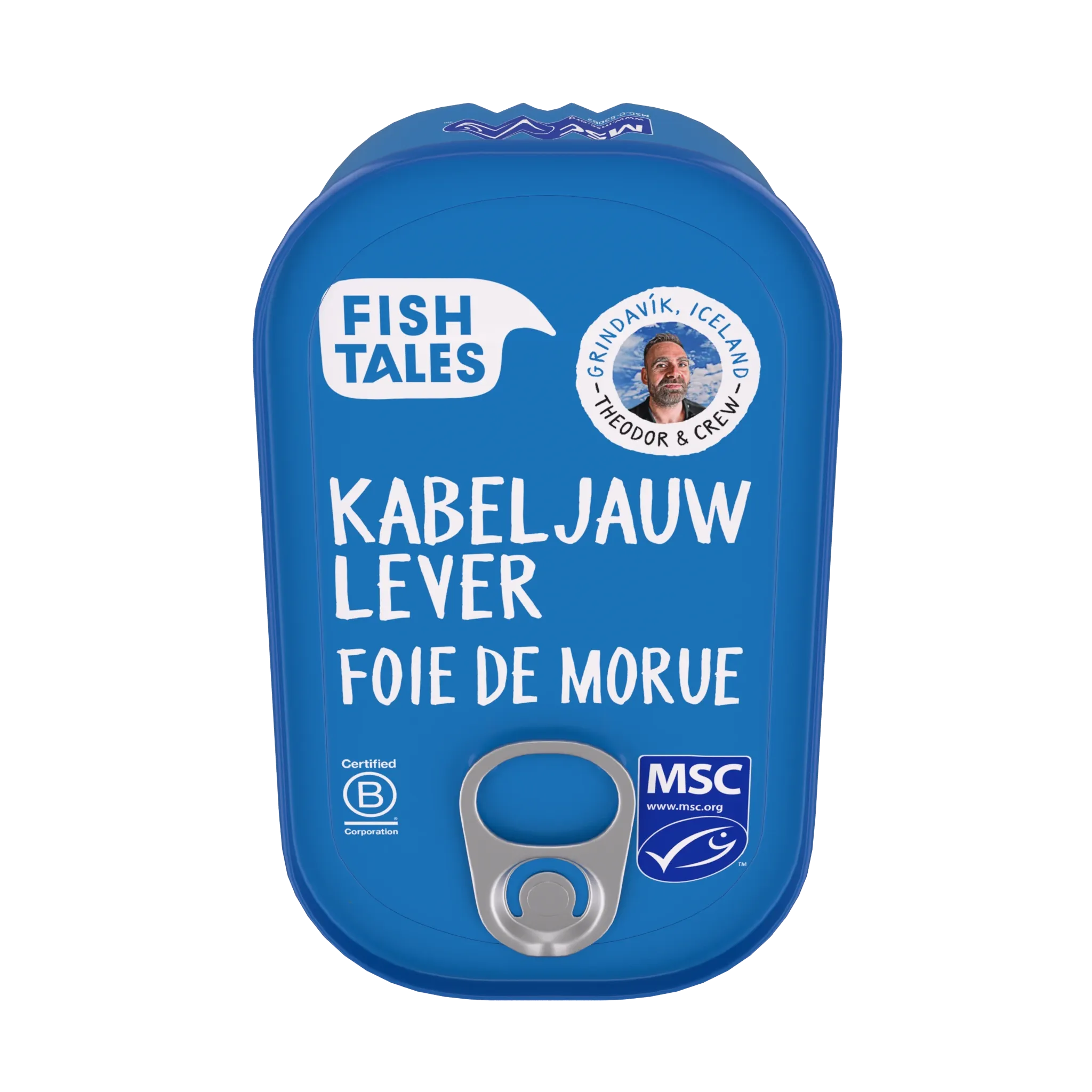 Blue Fish Tales cod liver tin with MSC certification logo on a black background.